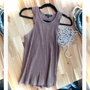 DAVID LERNER | S | Bridgette Heavy Rib Knit Taupe High Neck Ruffle Tank Top